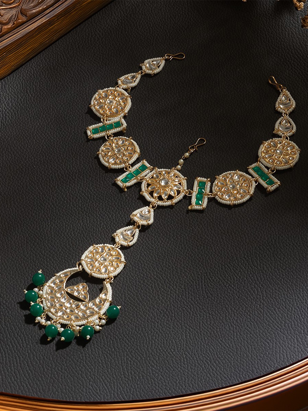 

Saraf RS Jewellery Gold-Plated White & Green Kundan-Studded & Beaded Matha Patti