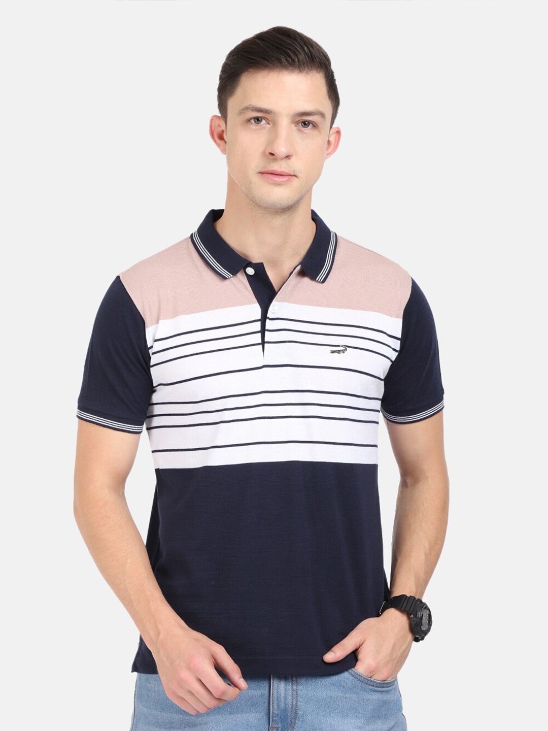 

Crocodile Men Navy Blue & White Striped Polo Collar Slim Fit Cotton T-shirt