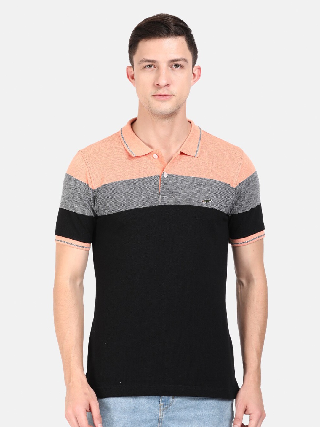 

Crocodile Men Orange & Black Colourblocked Polo Collar Slim Fit T-shirt
