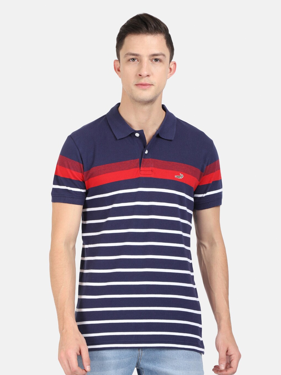 

Crocodile Men Navy Blue & White Striped Polo Collar Slim Fit T-shirt