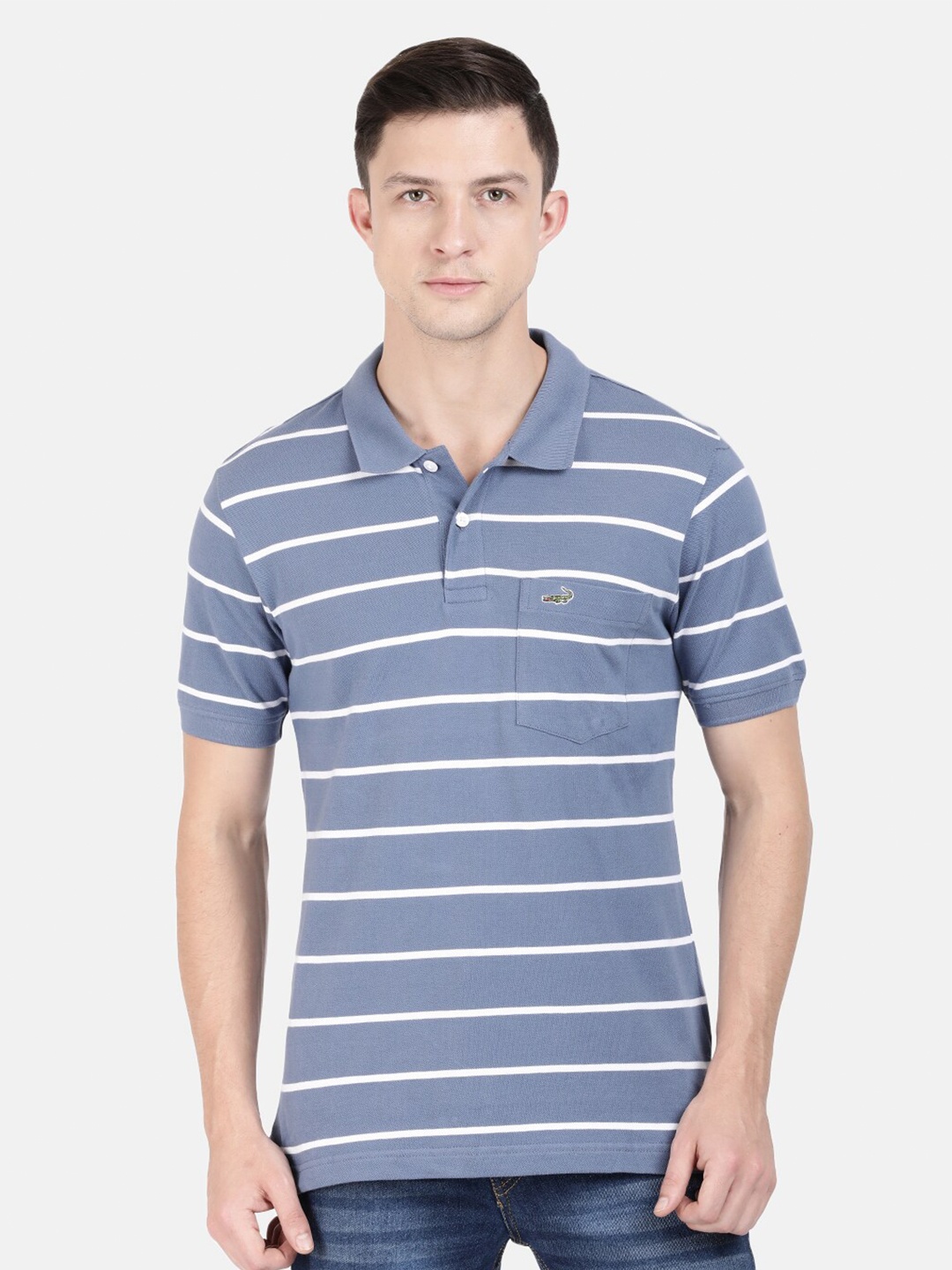 

Crocodile Men Blue & White Striped Polo Collar Slim Fit T-shirt