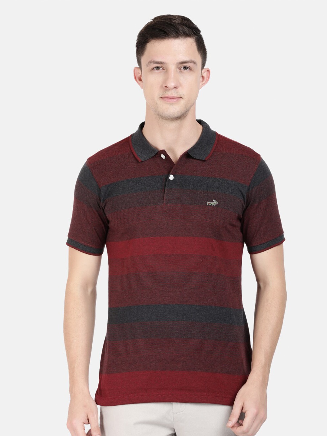 

Crocodile Men Red & Navy Blue Striped Polo Collar Slim Fit T-shirt