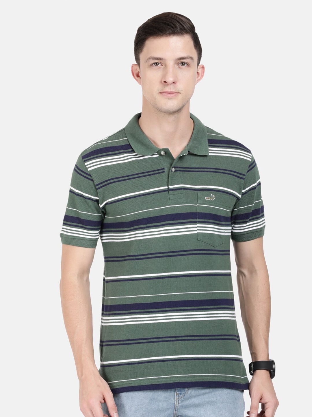 

Crocodile Men Olive Green & White Striped Polo Collar Slim Fit Cotton T-shirt