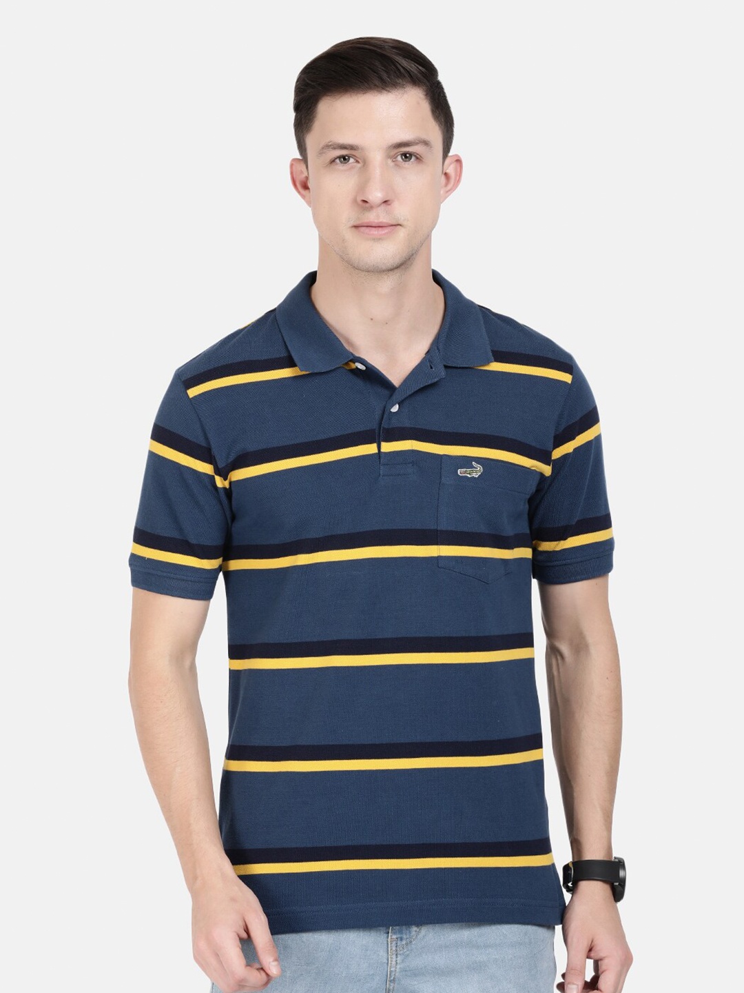 

Crocodile Men Blue & Yellow Striped Polo Collar Cotton Slim Fit T-shirt