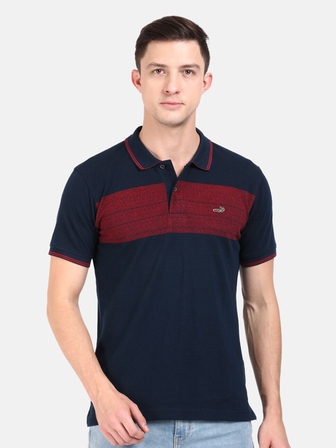 

Crocodile Men Navy Blue & Red Striped Polo Collar Slim Fit Cotton T-shirt