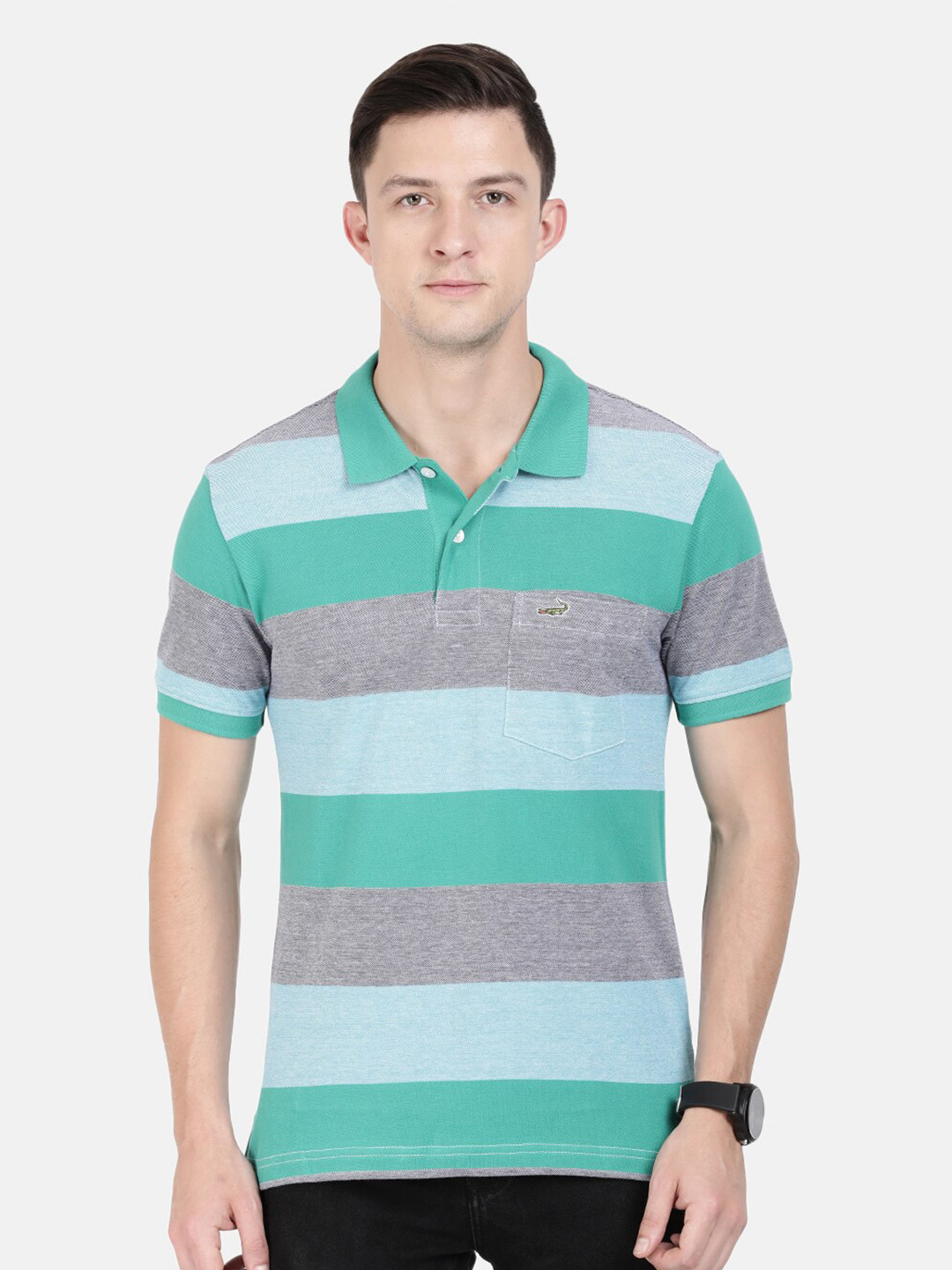 

Crocodile Men Green & Grey Striped Polo Collar Slim Fit T-shirt
