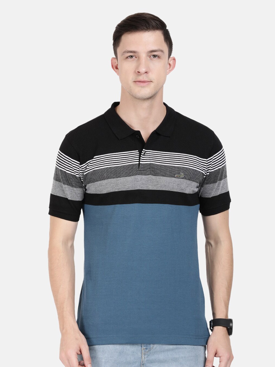

Crocodile Men Black & Blue Striped Polo Collar Slim Fit T-shirt