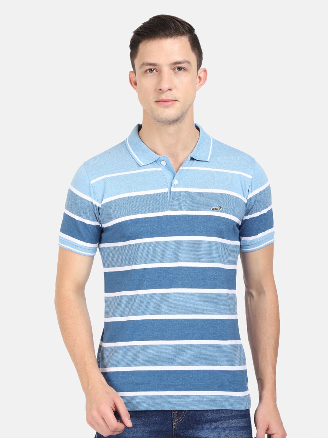 

Crocodile Men Blue Striped Polo Collar Slim Fit T-shirt