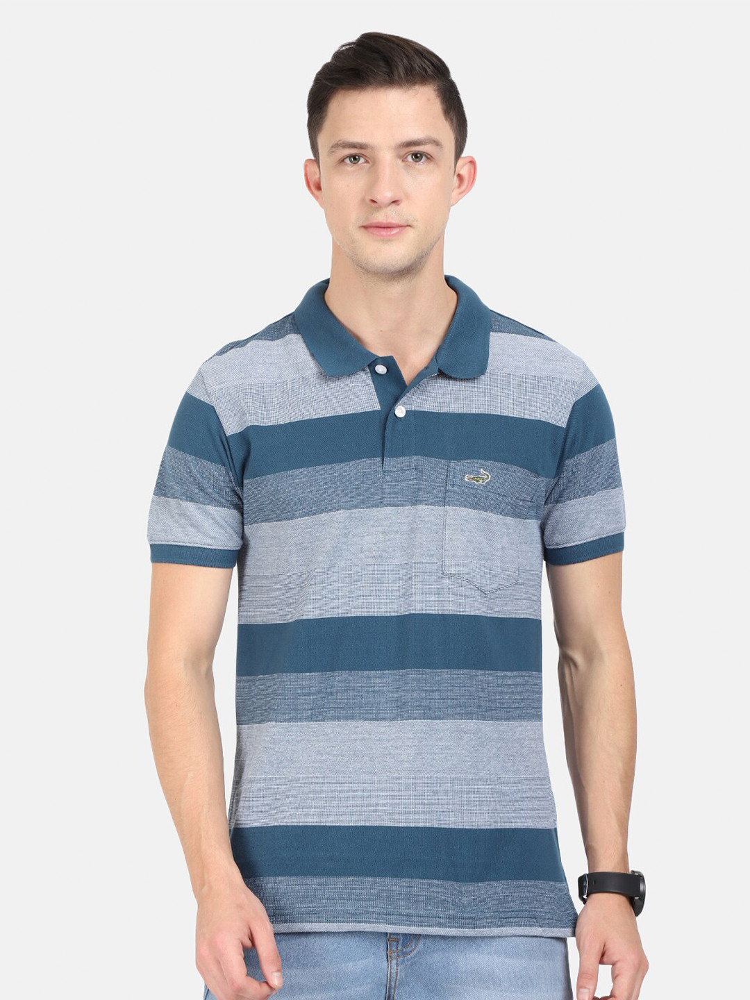 

Crocodile Men Navy Blue & Grey Striped Polo Collar Slim Fit T-shirt