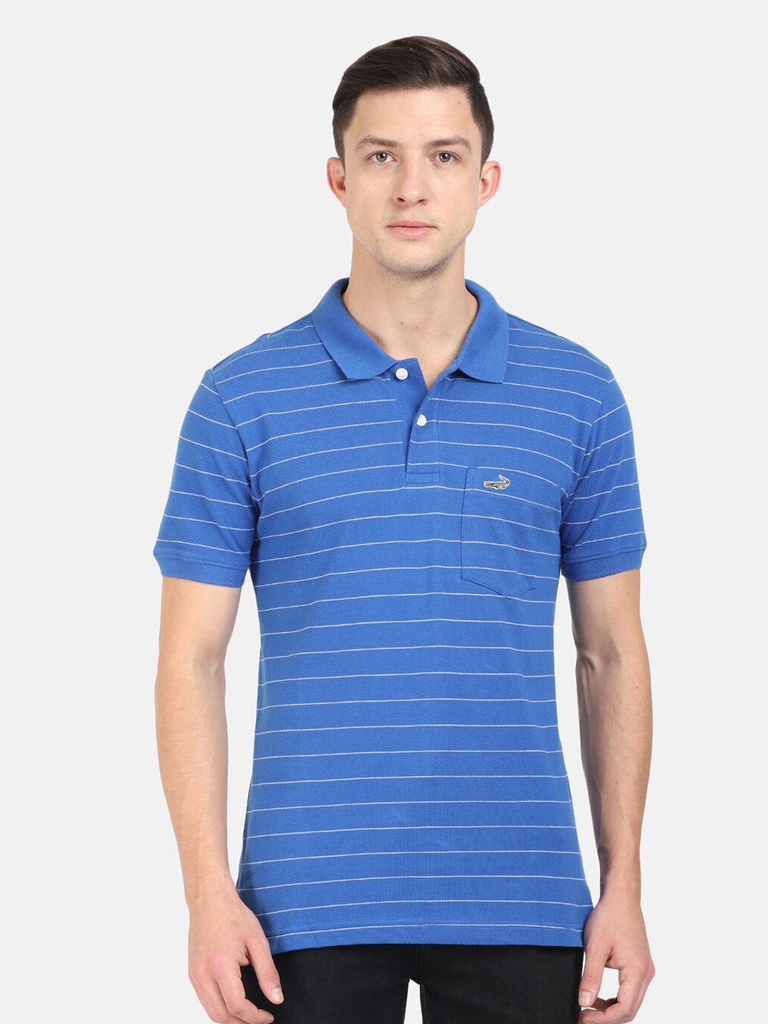 

Crocodile Men Blue Striped Polo Collar Slim Fit T-shirt