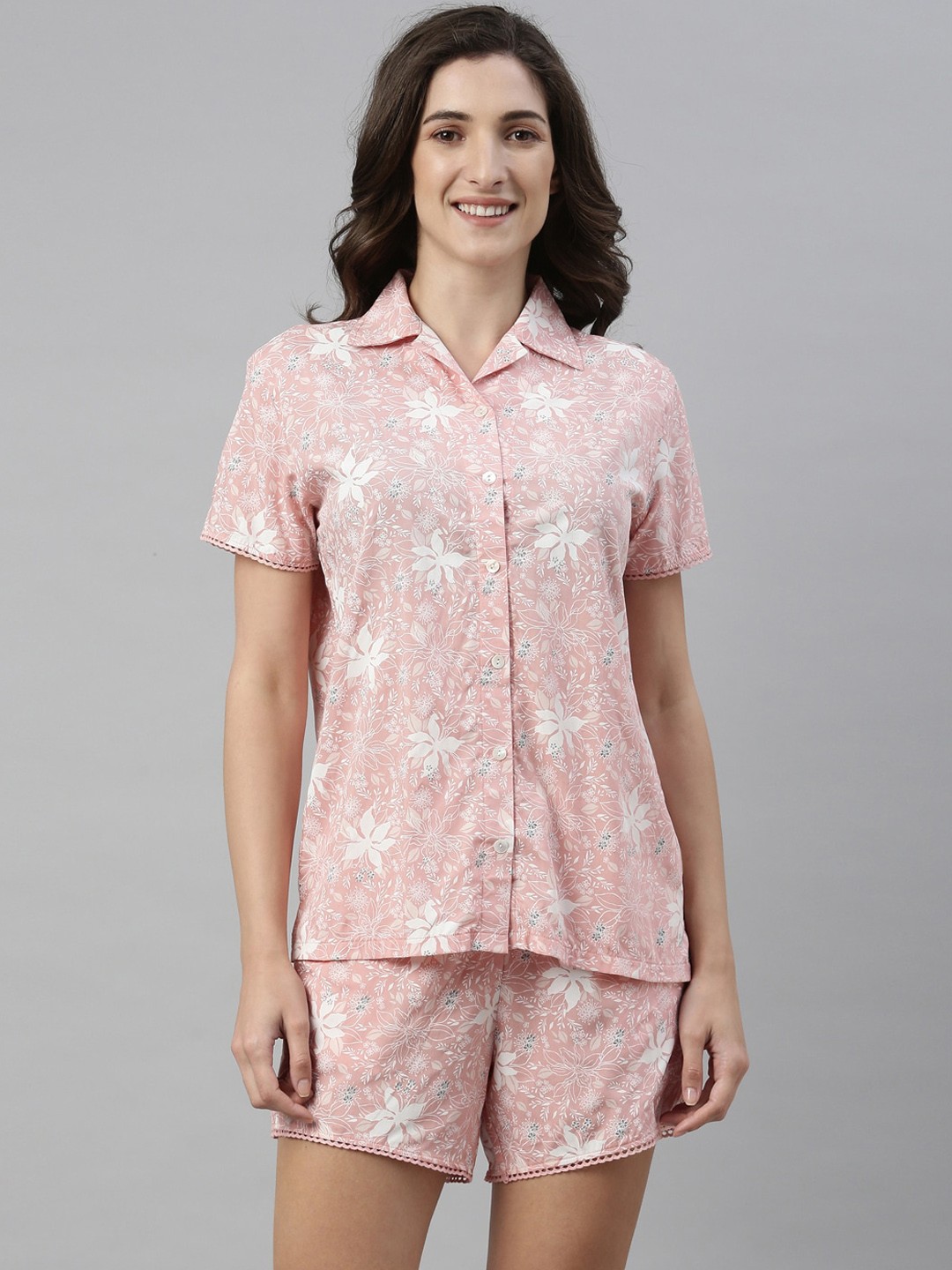 

Enamor Printed Slounge Shirt and Shorts Set with Scallop Lace Trim, Pink