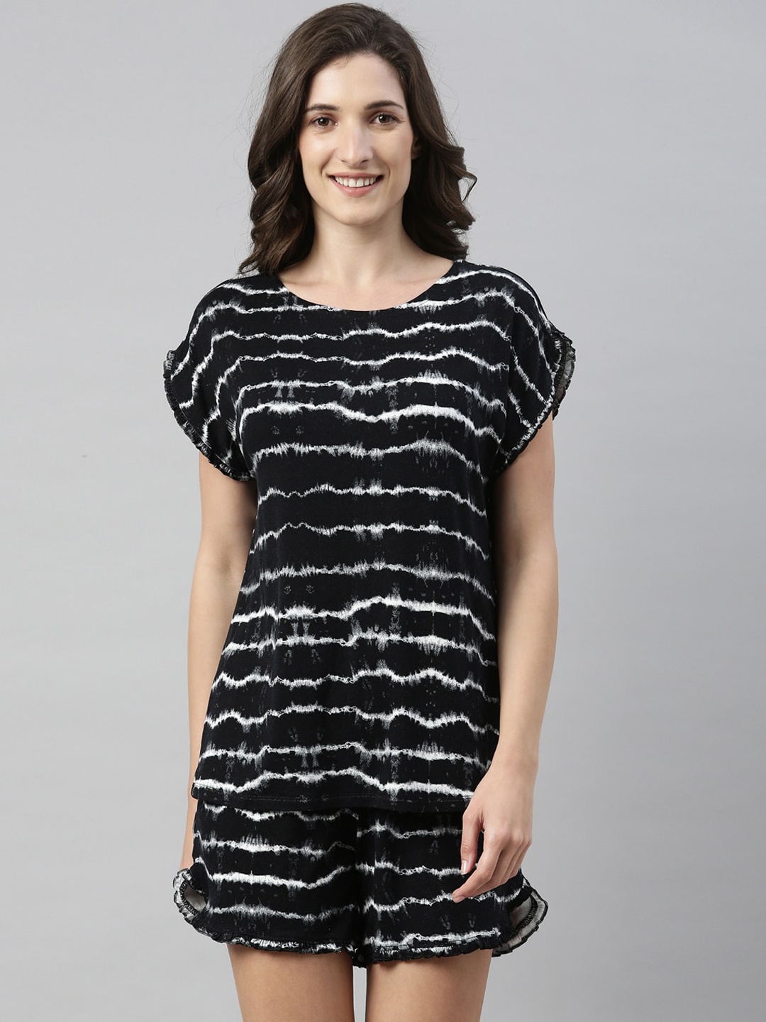 

Enamor Tie & Dye Home T-Shirt and Shorts Set with Ruffled Trim, Black