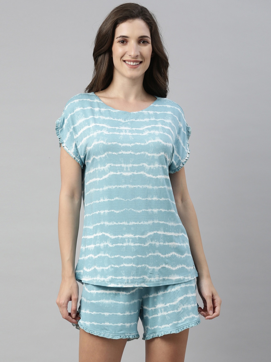 

Enamor Tie & Dye Home T-Shirt and Shorts Set with Ruffled Trim, Blue