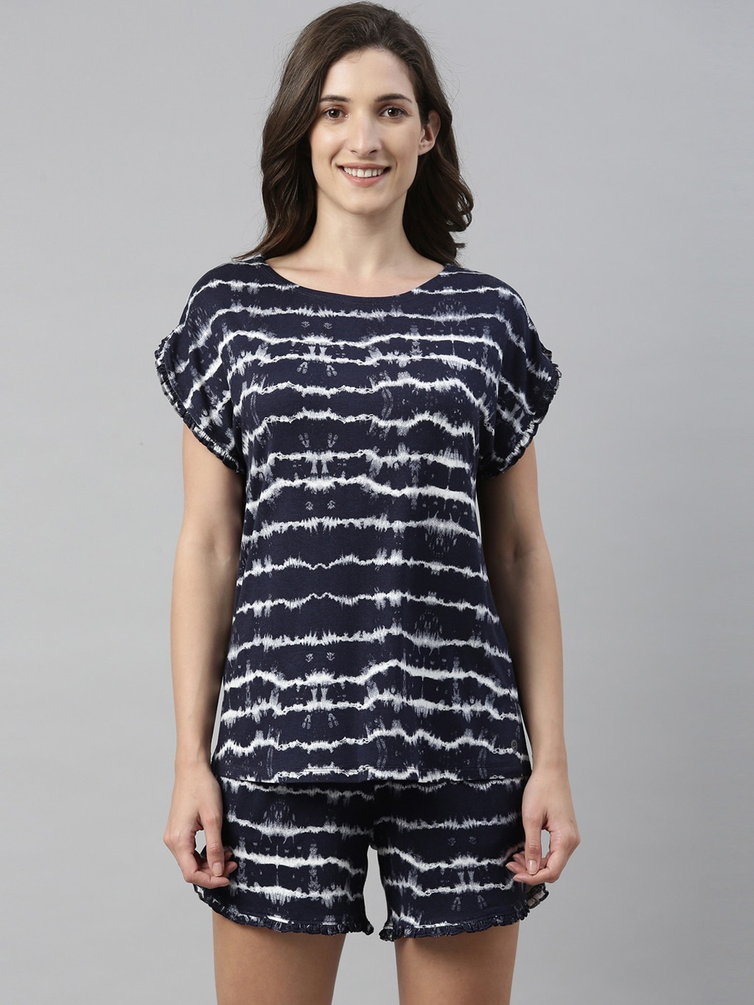 

Enamor Tie & Dye Home T-Shirt and Shorts Set with Ruffled Trim, Navy blue