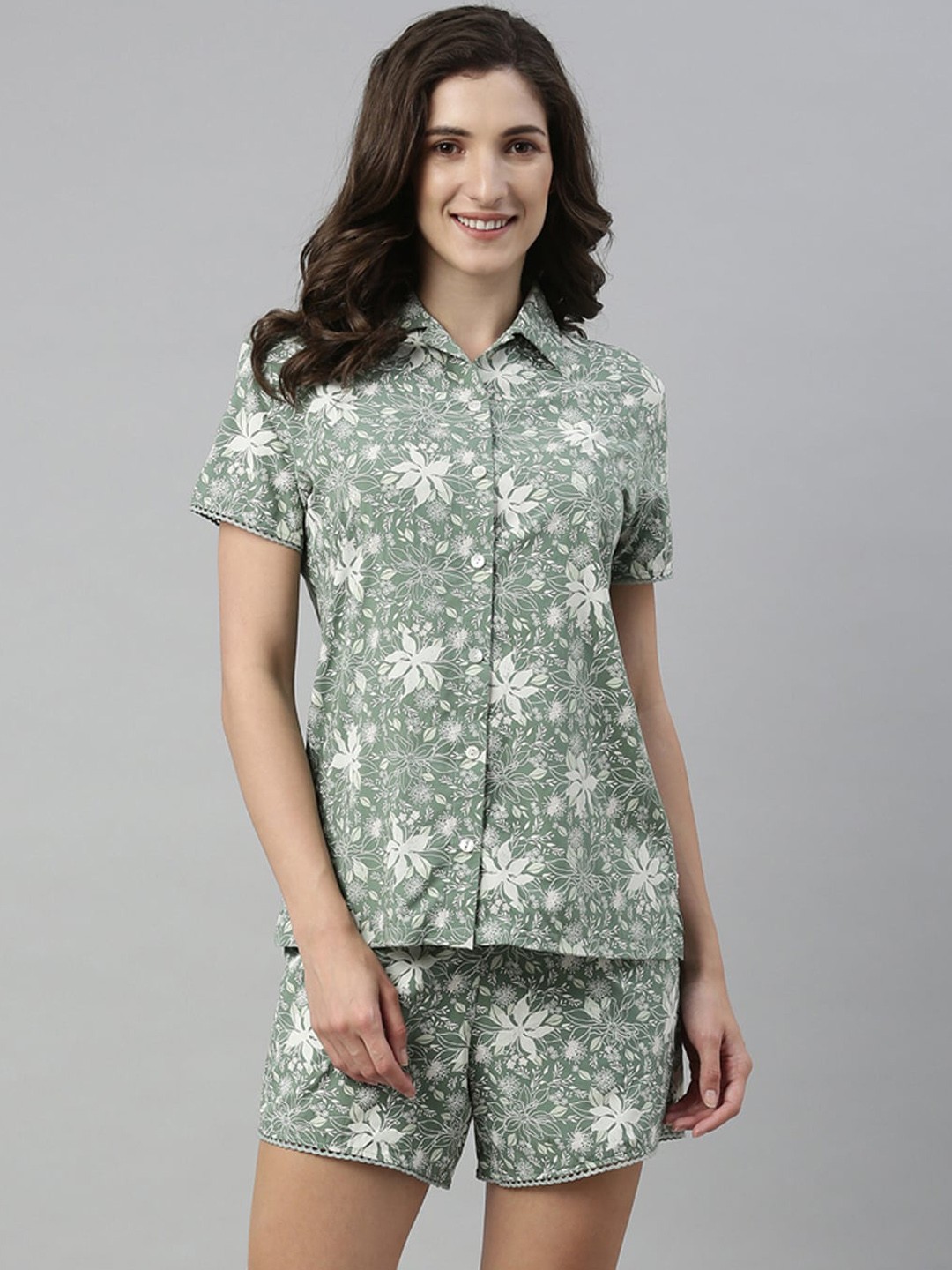 

Enamor Printed Slounge Shirt and Shorts Set with Scallop Lace Trim, Green