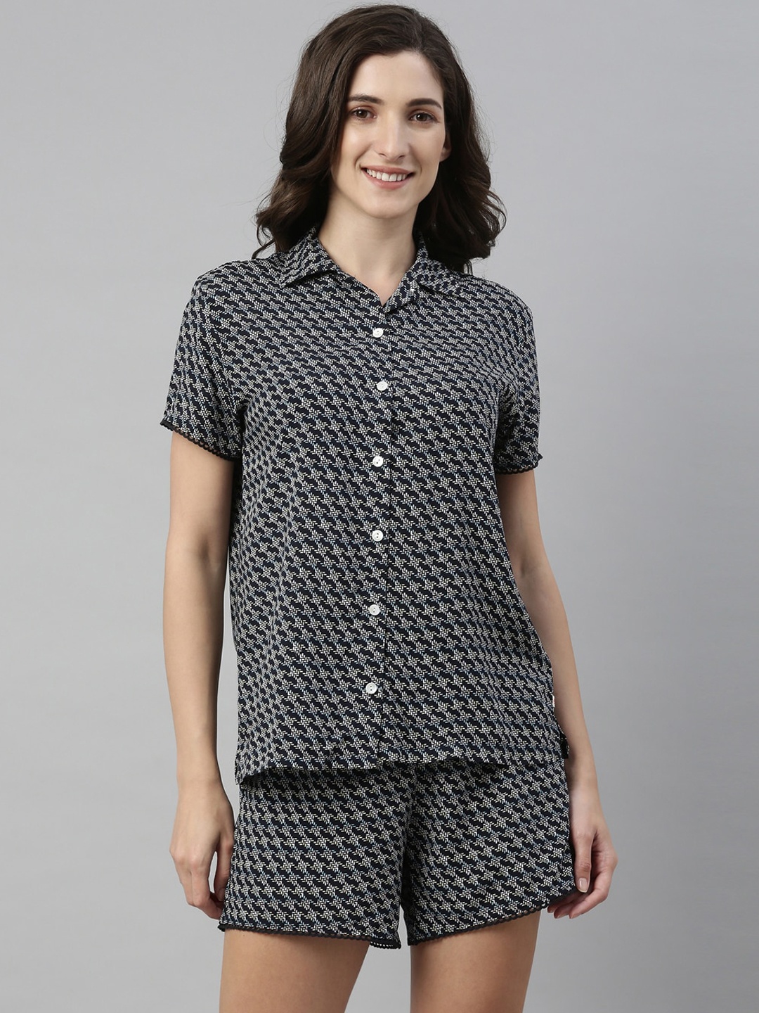 

Enamor Printed Slounge Shirt and Shorts Set with Scallop Lace Trim, Navy blue