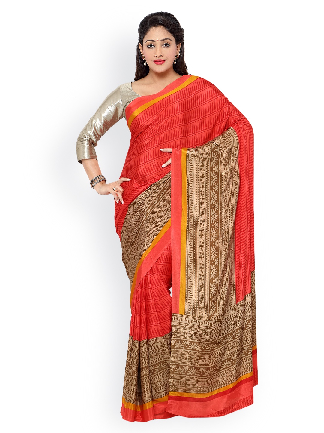 

Kalista Red & Brown Silk & Crepe Printed Saree