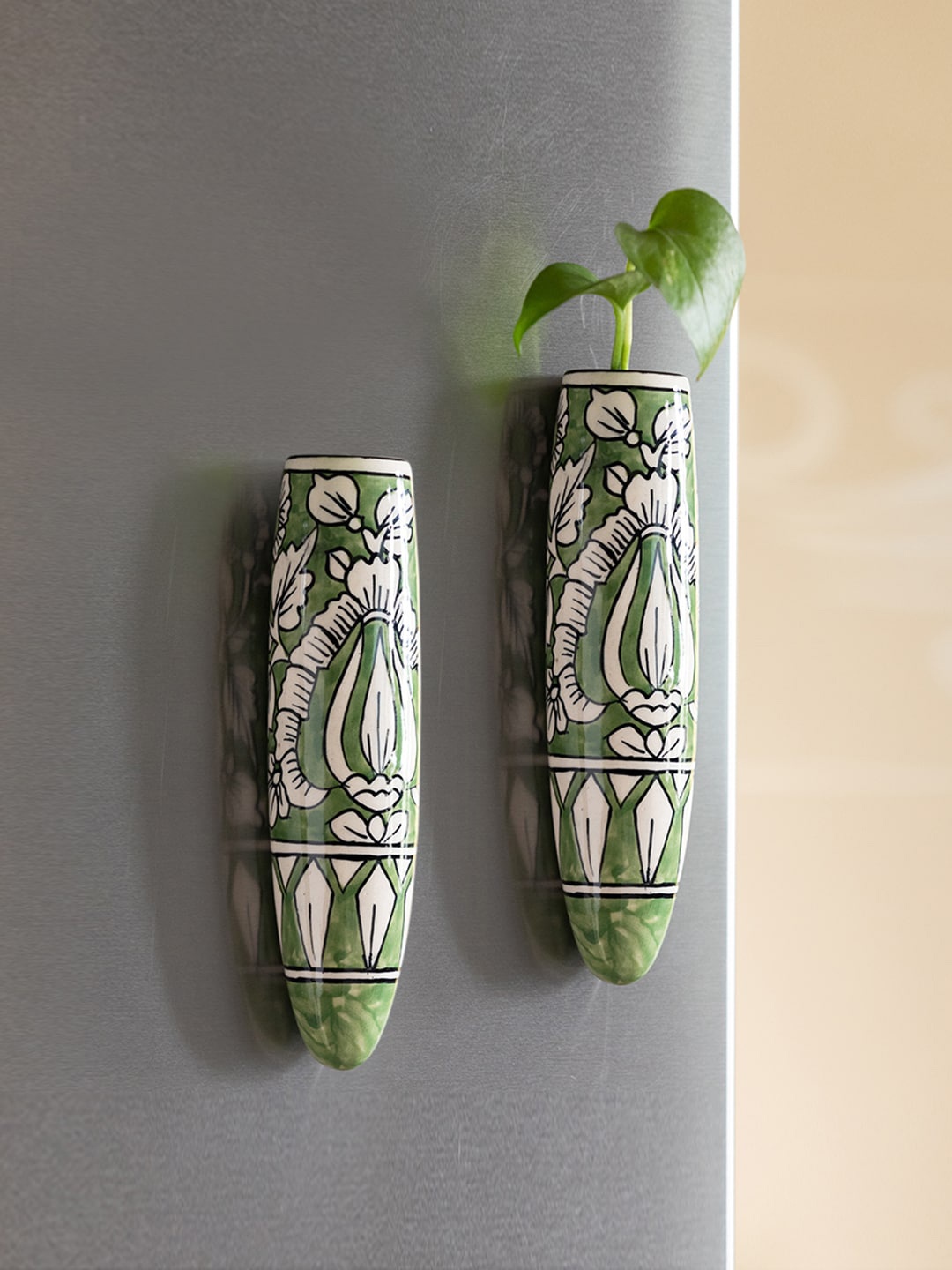 

ExclusiveLane Set of 2 Green & White Mughal Petals Ceramic Magnetic Fridge Planters