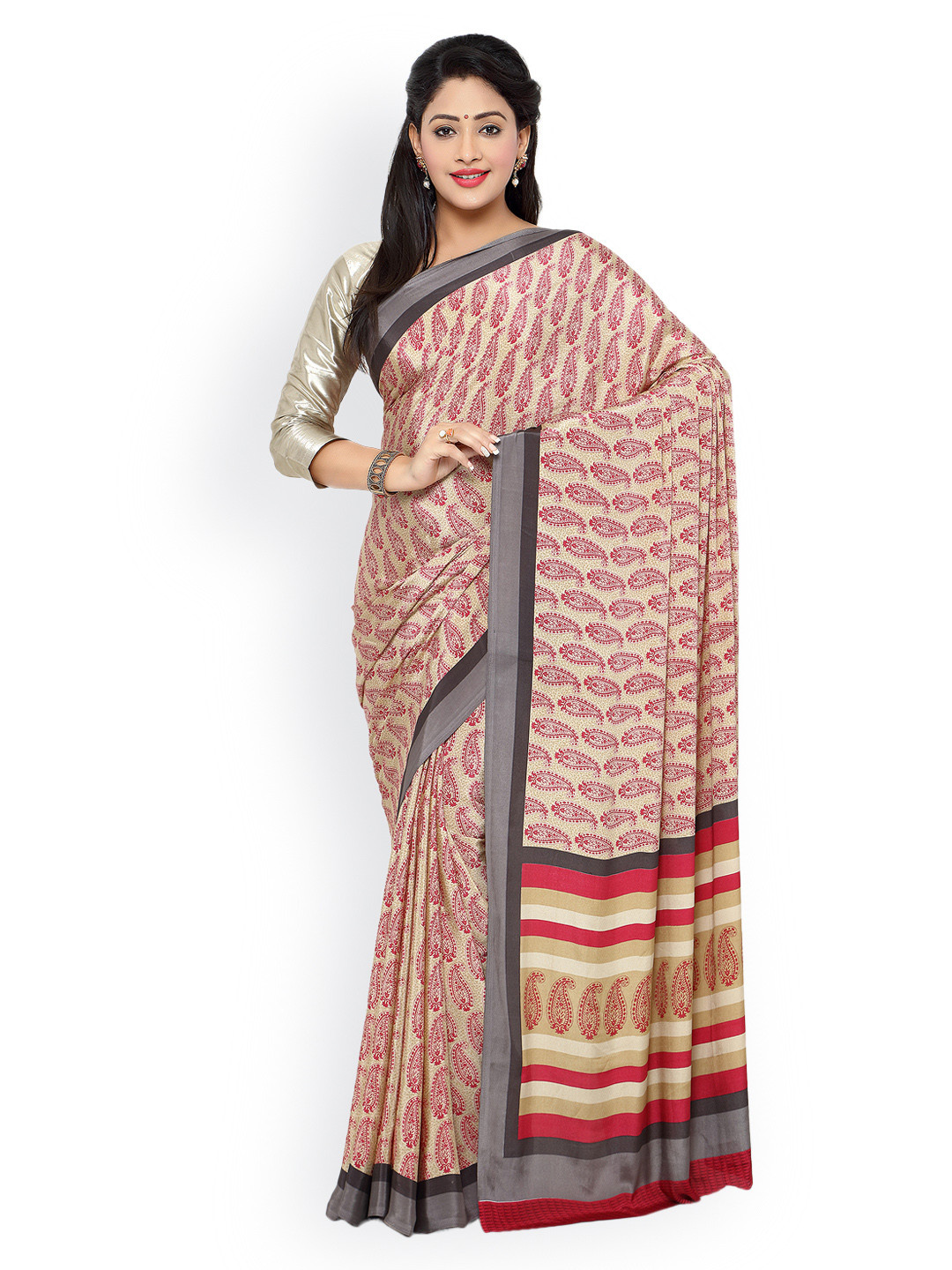 

Kalista Beige & Red Silk & Crepe Paisley Print Saree