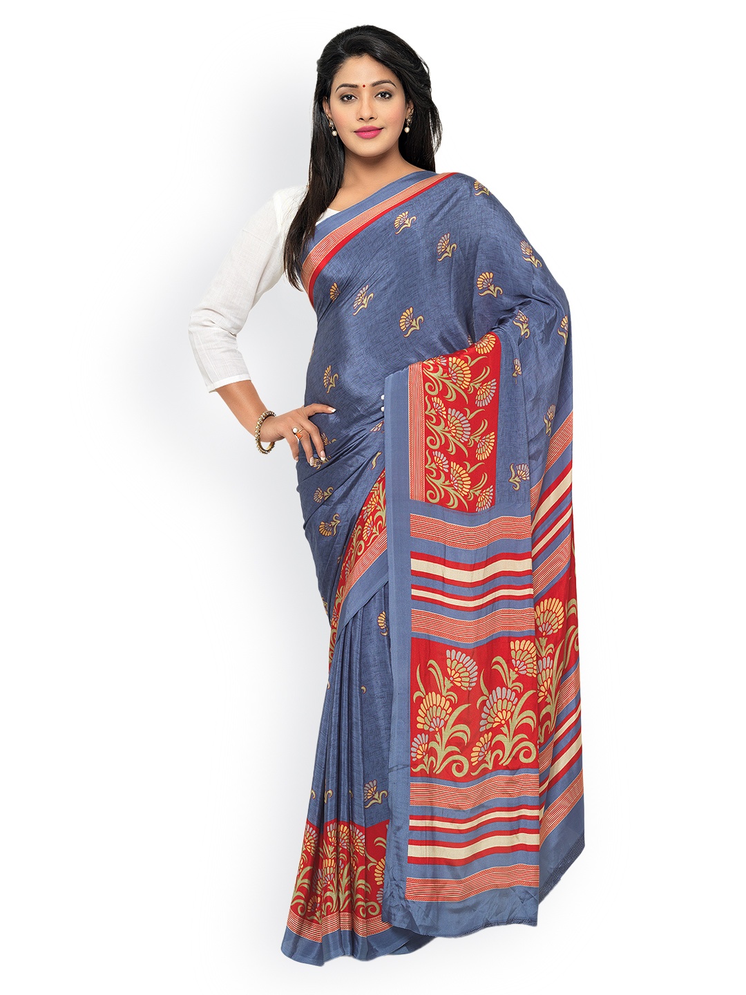 

Kalista Grey Silk & Crepe Floral Print Saree