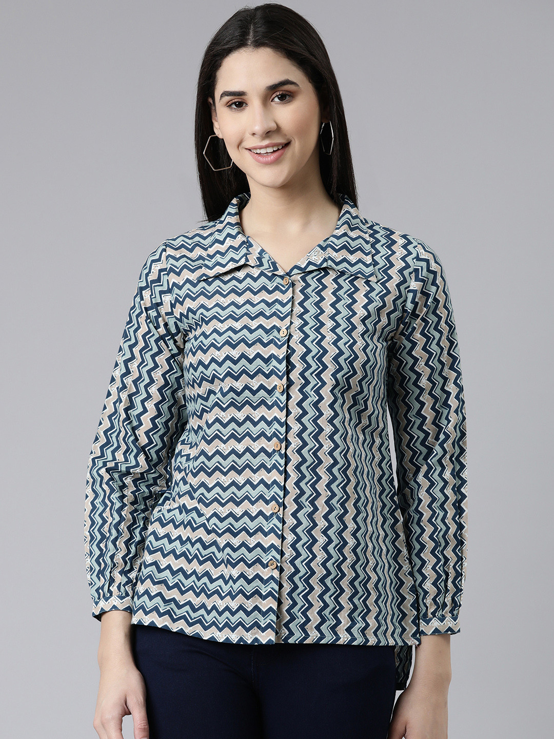 

KALINI Blue & Beige Geometric Print Cotton Shirt Style Top