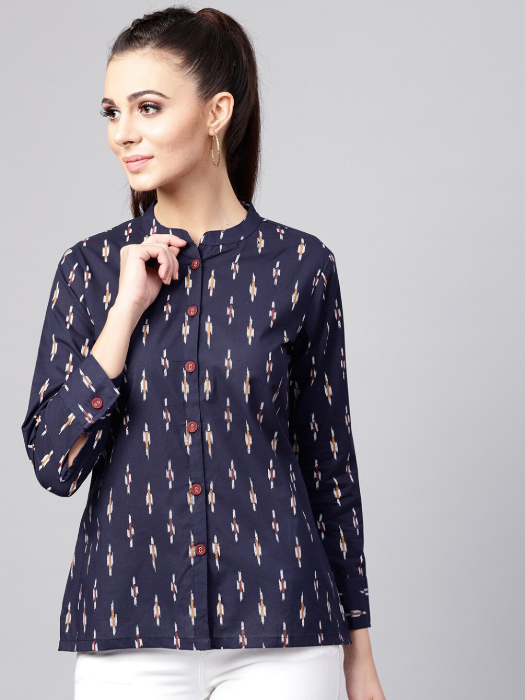 

KALINI Navy Blue & White Geometric Ikat Print Mandarin Collar Shirt Style Cotton Top