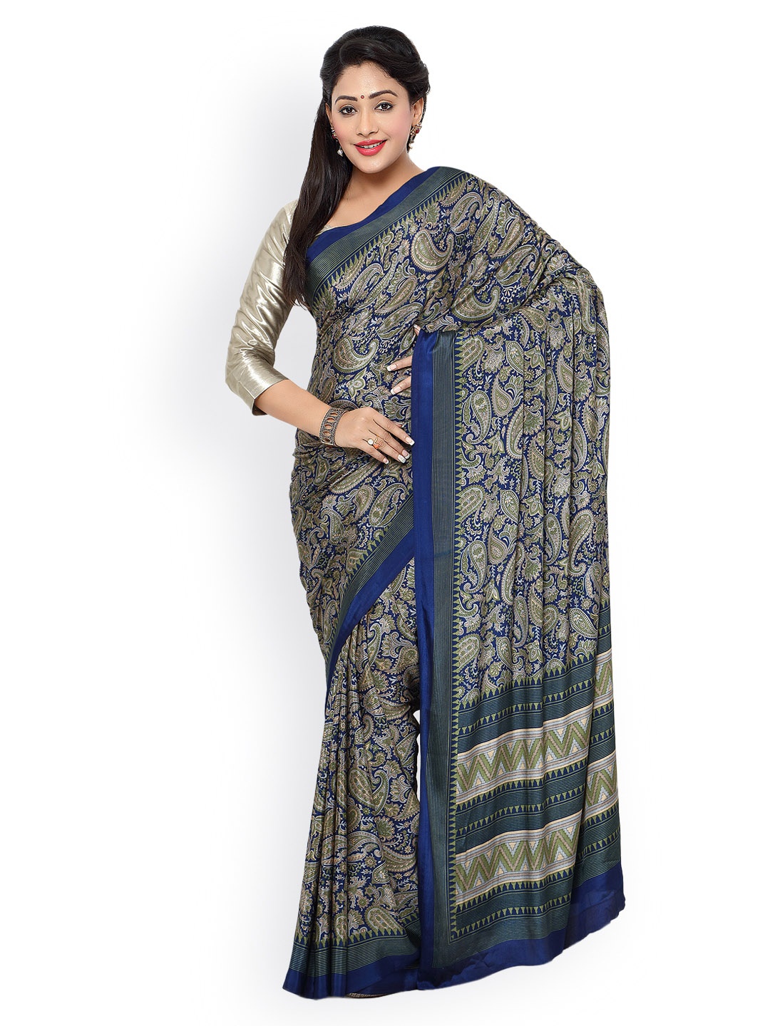 

Kalista Navy & Green Silk & Crepe Paisley Print Saree, Navy blue