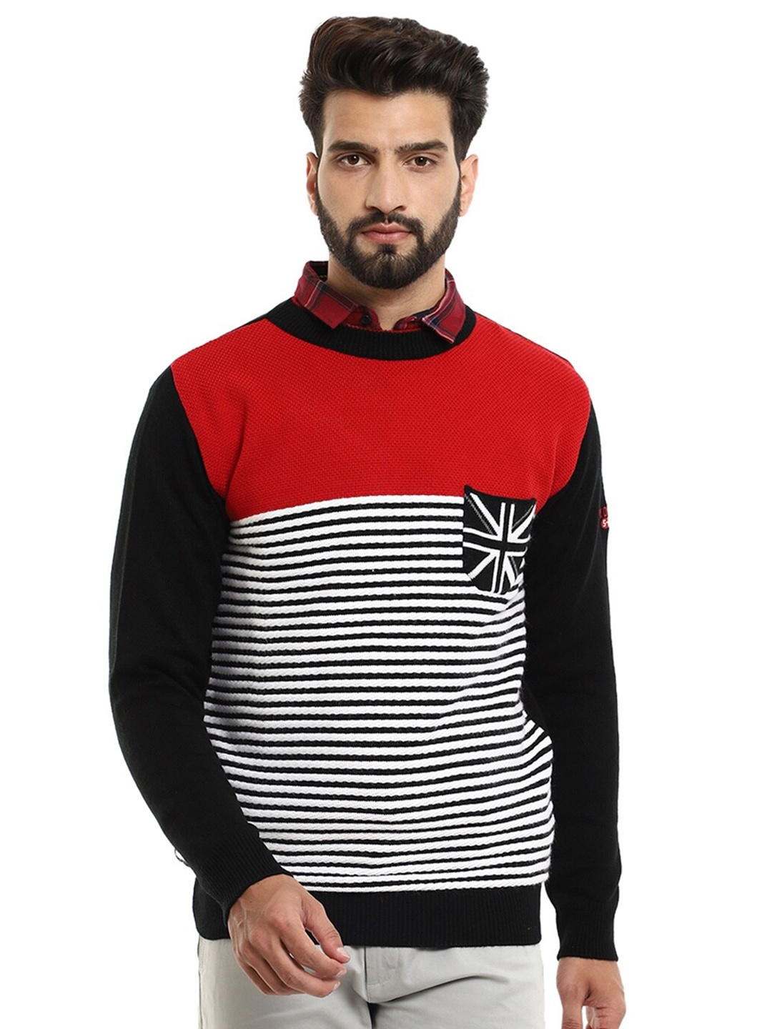 

V-Mart Men Black & Red Striped Pullover