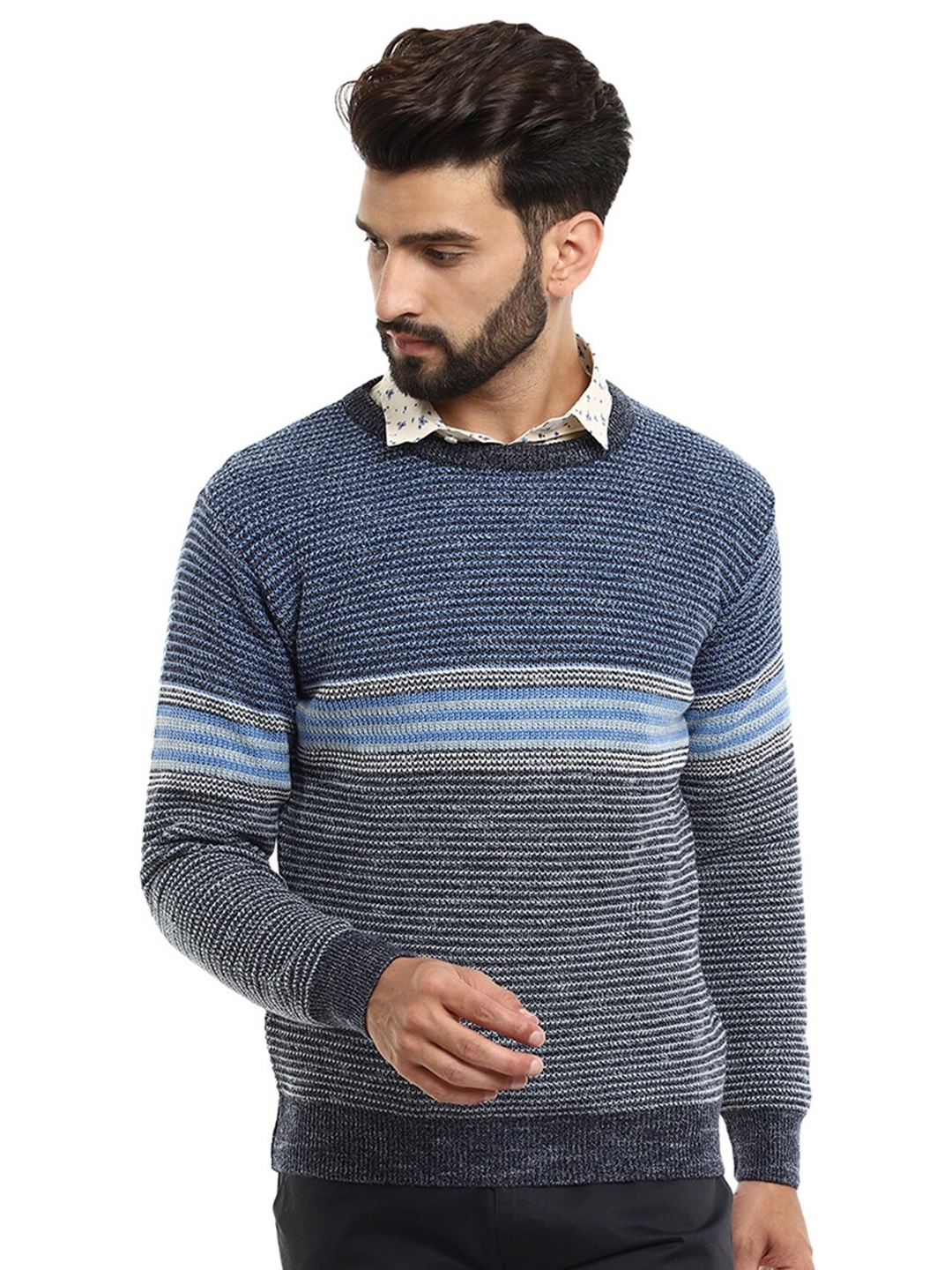 

V-Mart Men Grey & Blue Striped Pullover