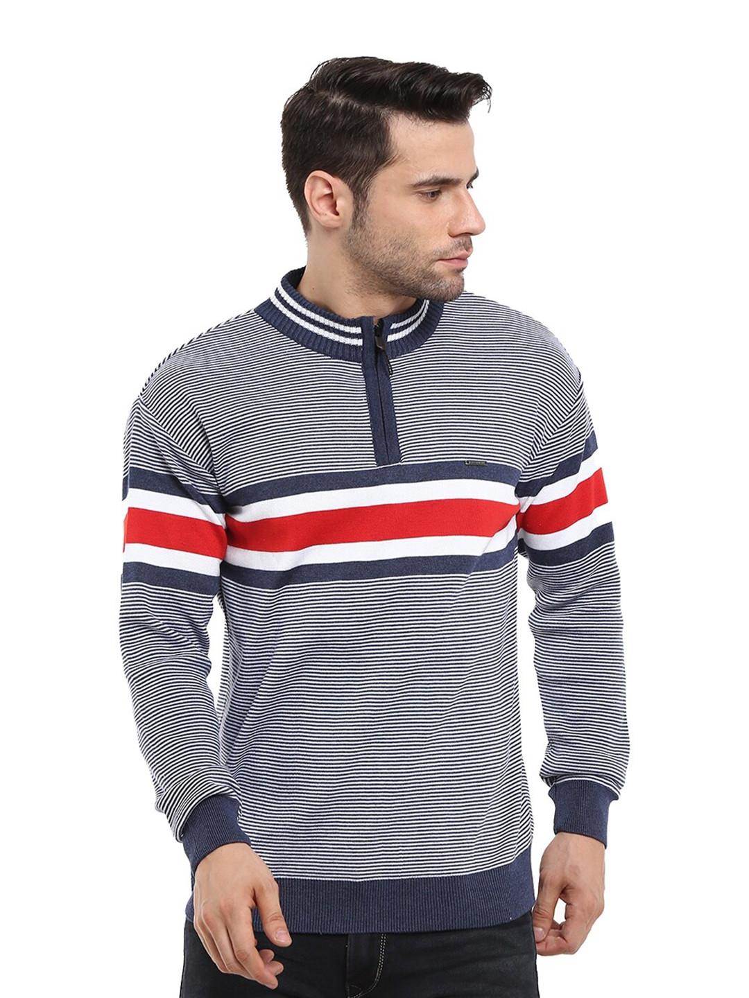 

V-Mart Men Navy Blue & Red Striped Pullover