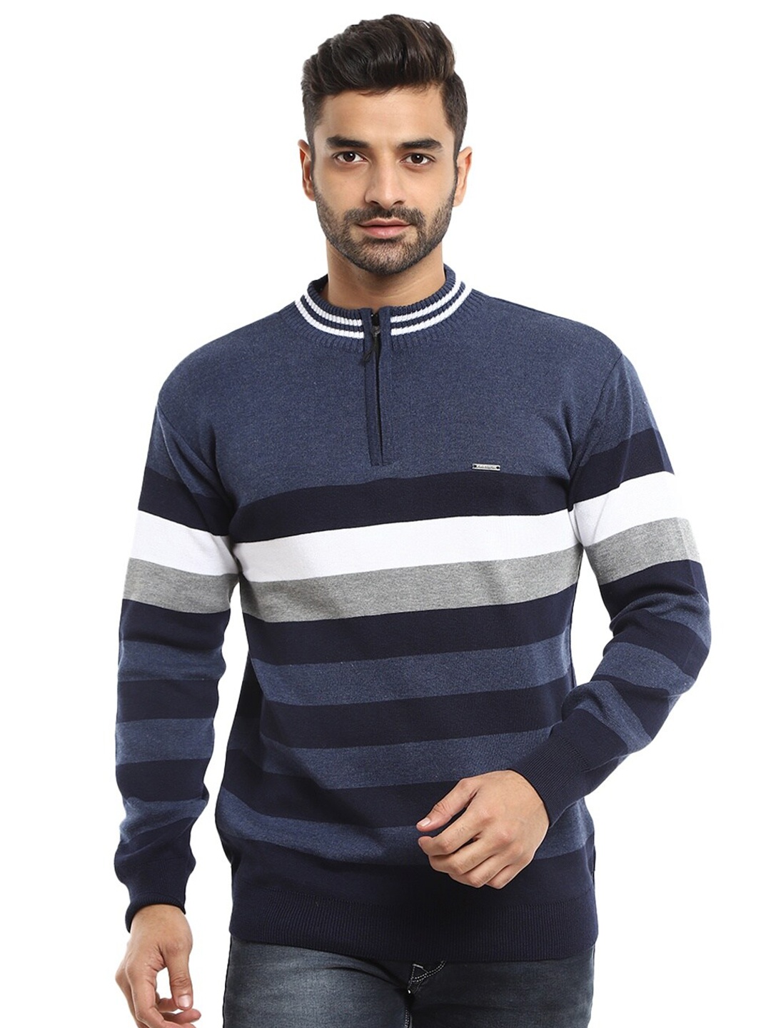 

V-Mart Men Navy Blue & White Striped Cotton Pullover