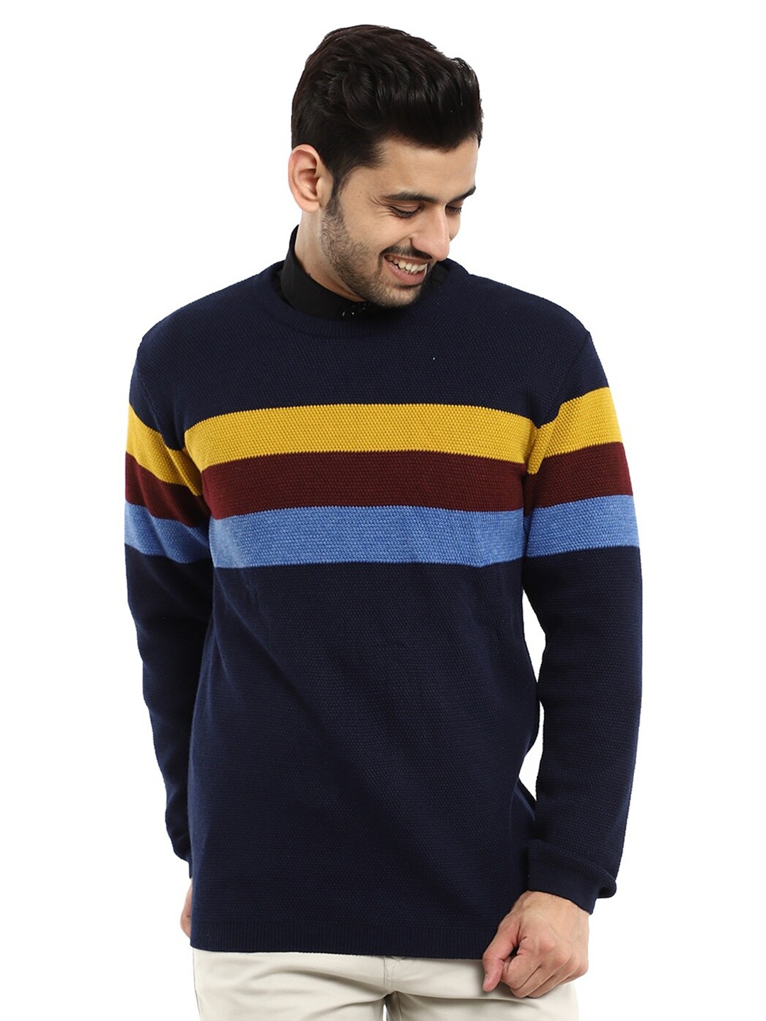 

V-Mart Men Navy Blue & Yellow Striped Pullover
