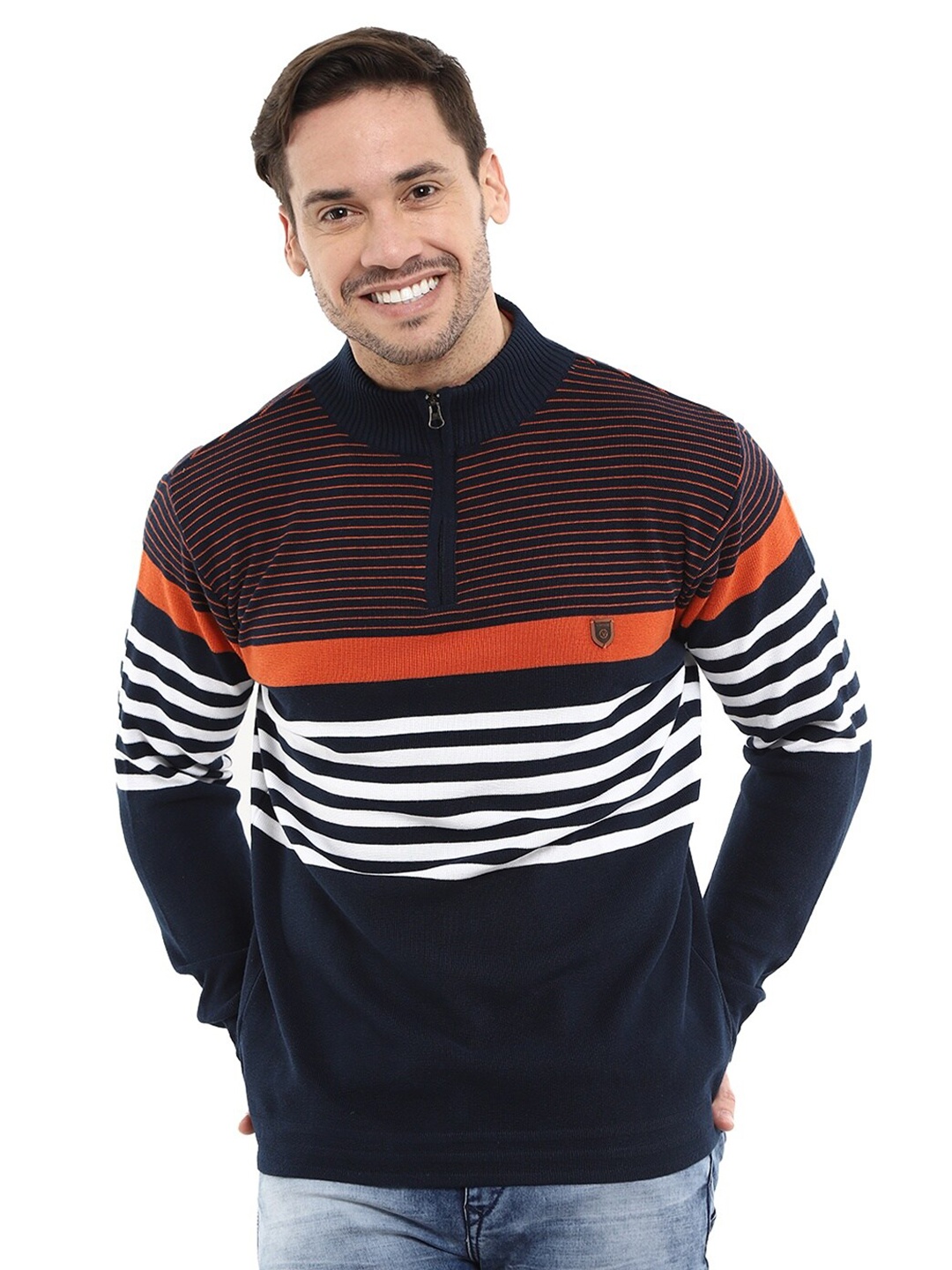 

V-Mart Men Navy Blue & White Striped Pullover