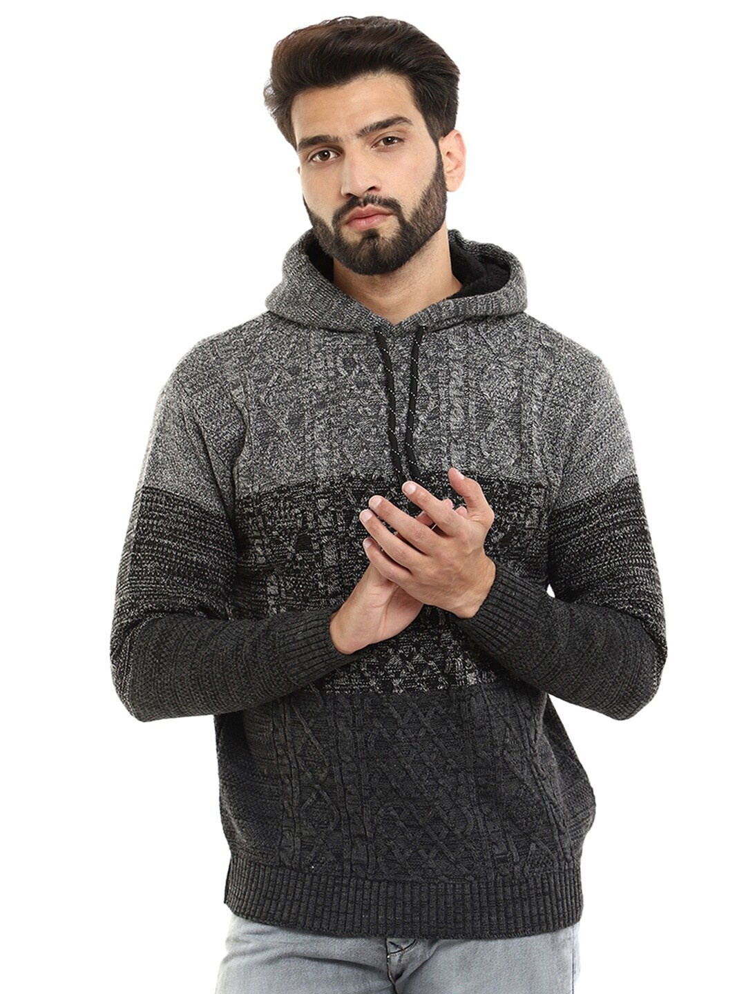 

V-Mart Men Grey Melange & Black Cable Knit Hooded Pullover