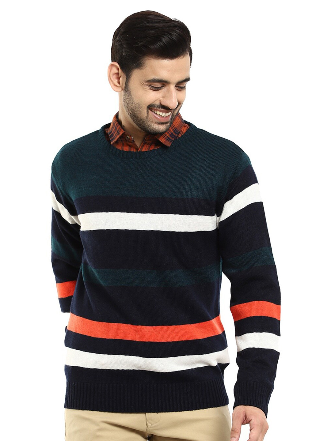 

V-Mart Men Green Striped Cotton Sweater