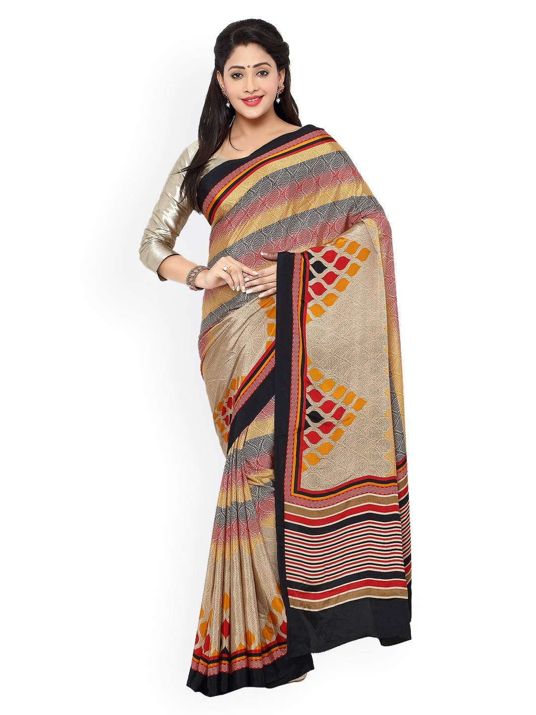 

Kalista Multicoloured Silk & Crepe Striped Printed Saree, Multi