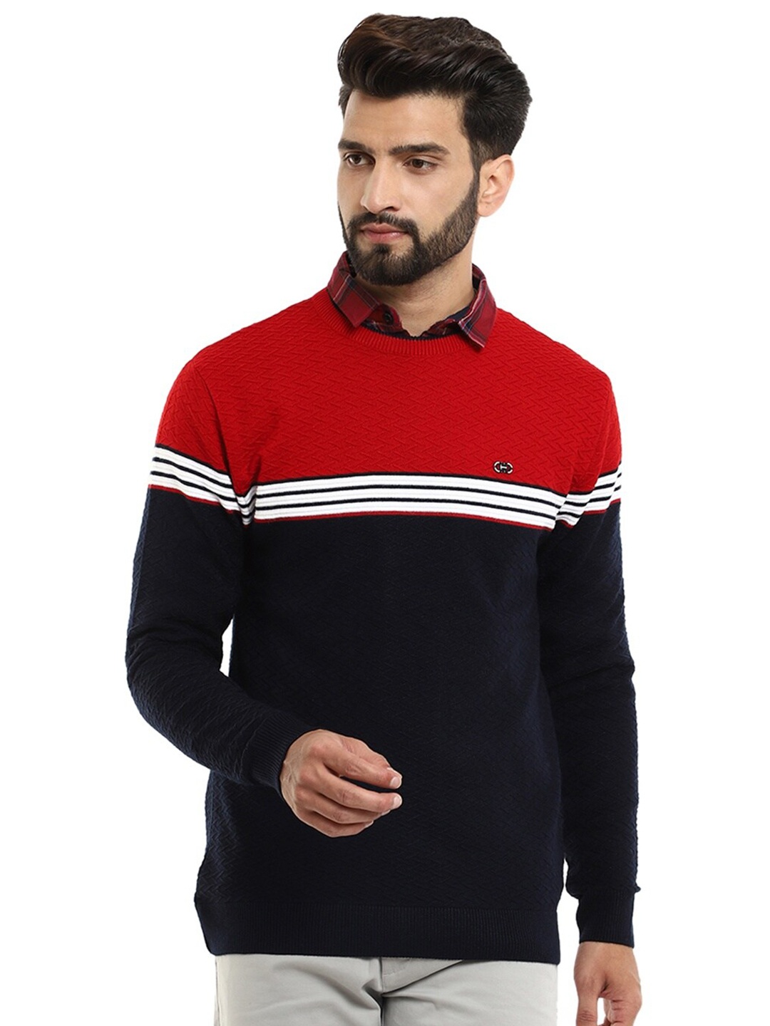

V-Mart Men Navy Blue & Red Colourblocked Pullover