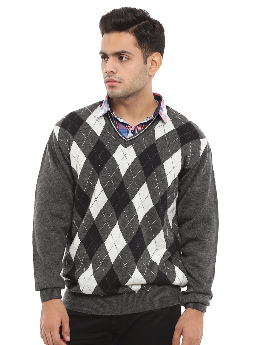 

V-Mart Men Grey & White Checked Pullover
