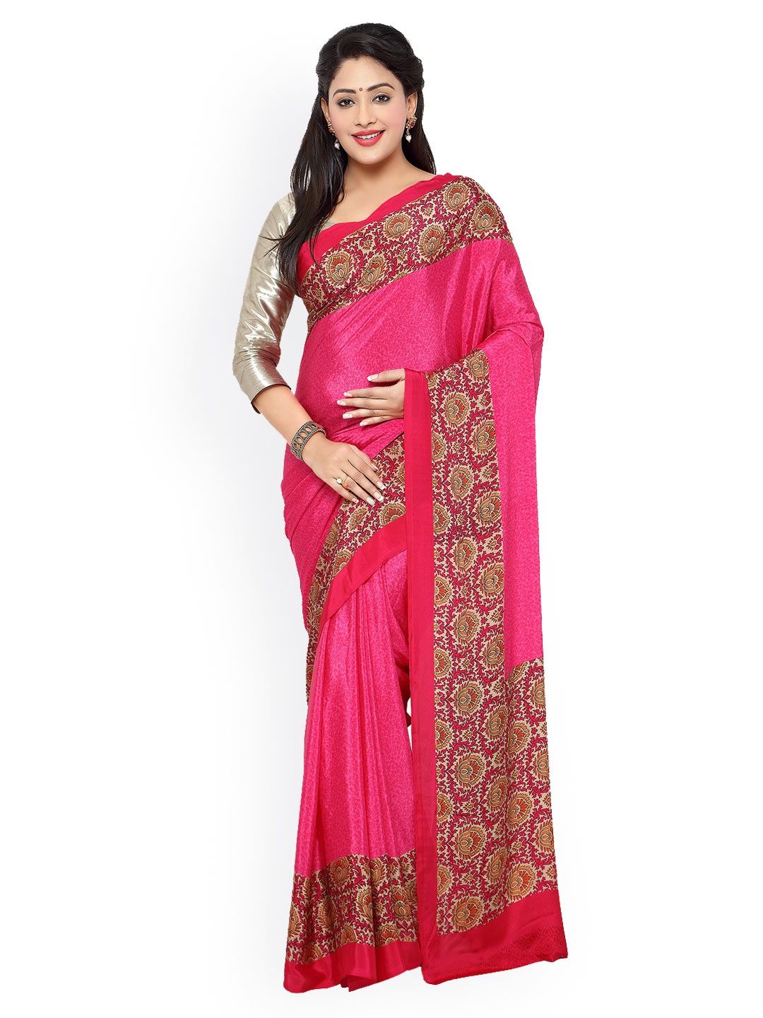 

Kalista Pink Silk & Crepe Floral Print Saree