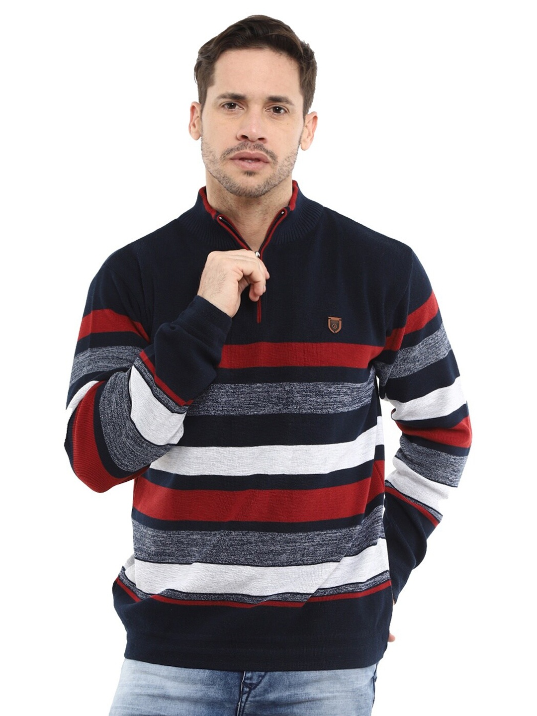 

V-Mart Men Navy Blue Striped Cotton Sweater