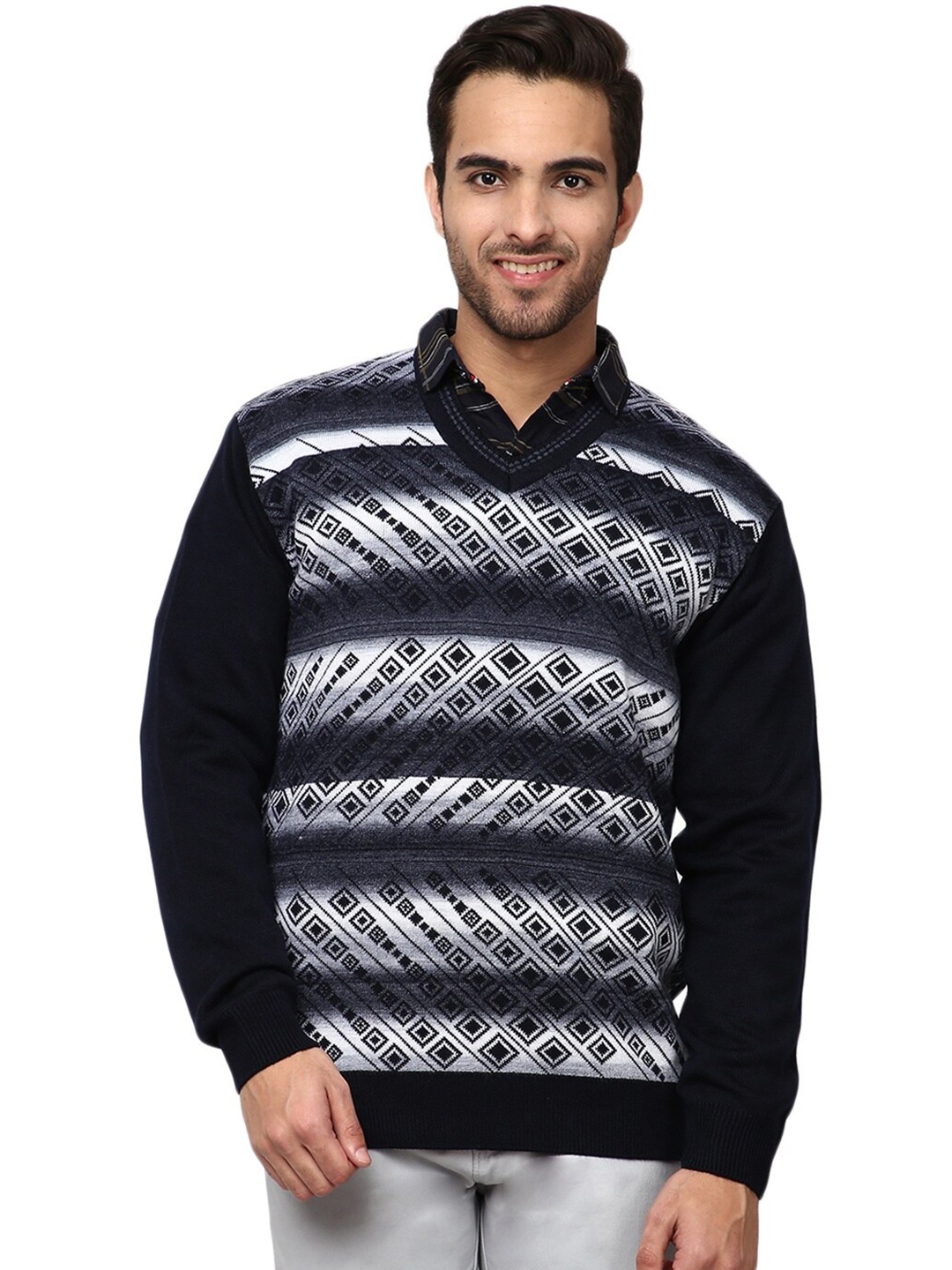 

V-Mart Men Navy Blue & White Self Design Pullover