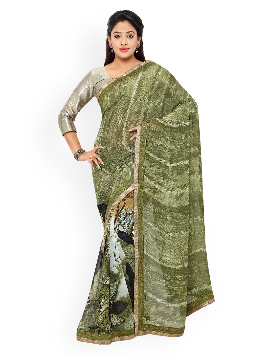 

Kalista Olive Green Georgette Printed Saree
