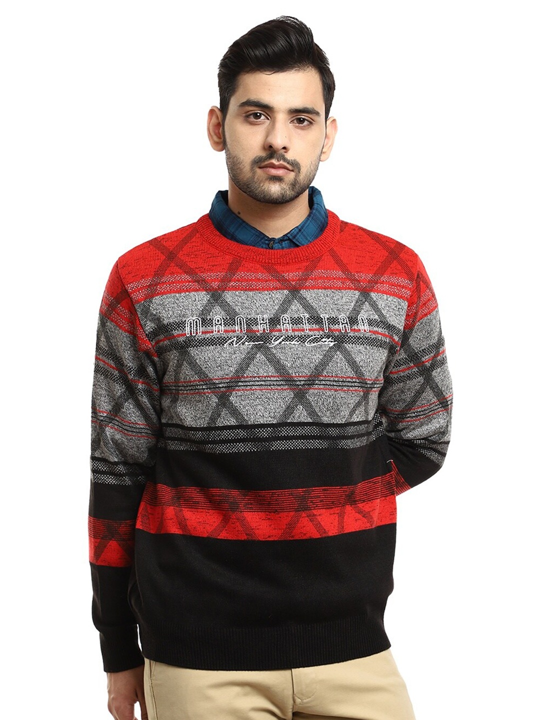 

V-Mart Men Black & Red Striped Pullover