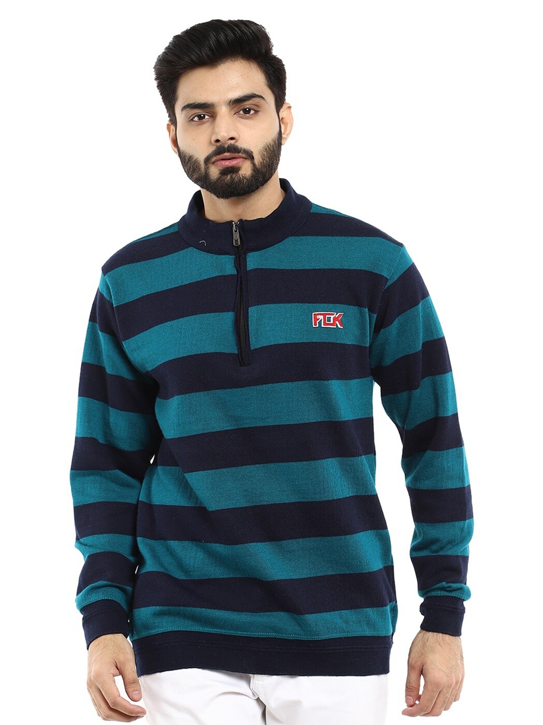 

V-Mart Men Turquoise Blue & Navy Blue Striped Cotton Pullover