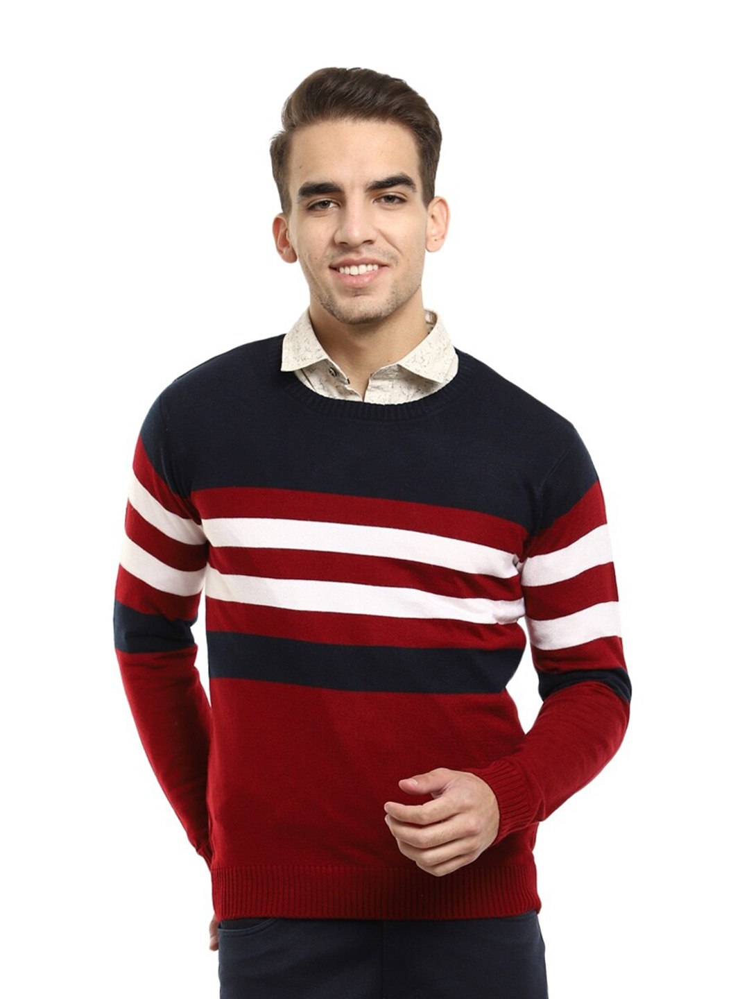 

V-Mart Men Maroon & White Striped Pullover