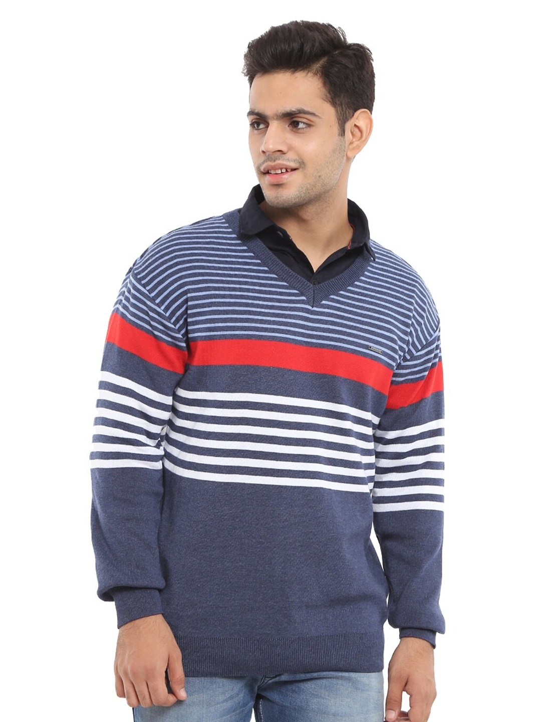 

V-Mart Striped Acrylic Pullover Sweater, Navy blue