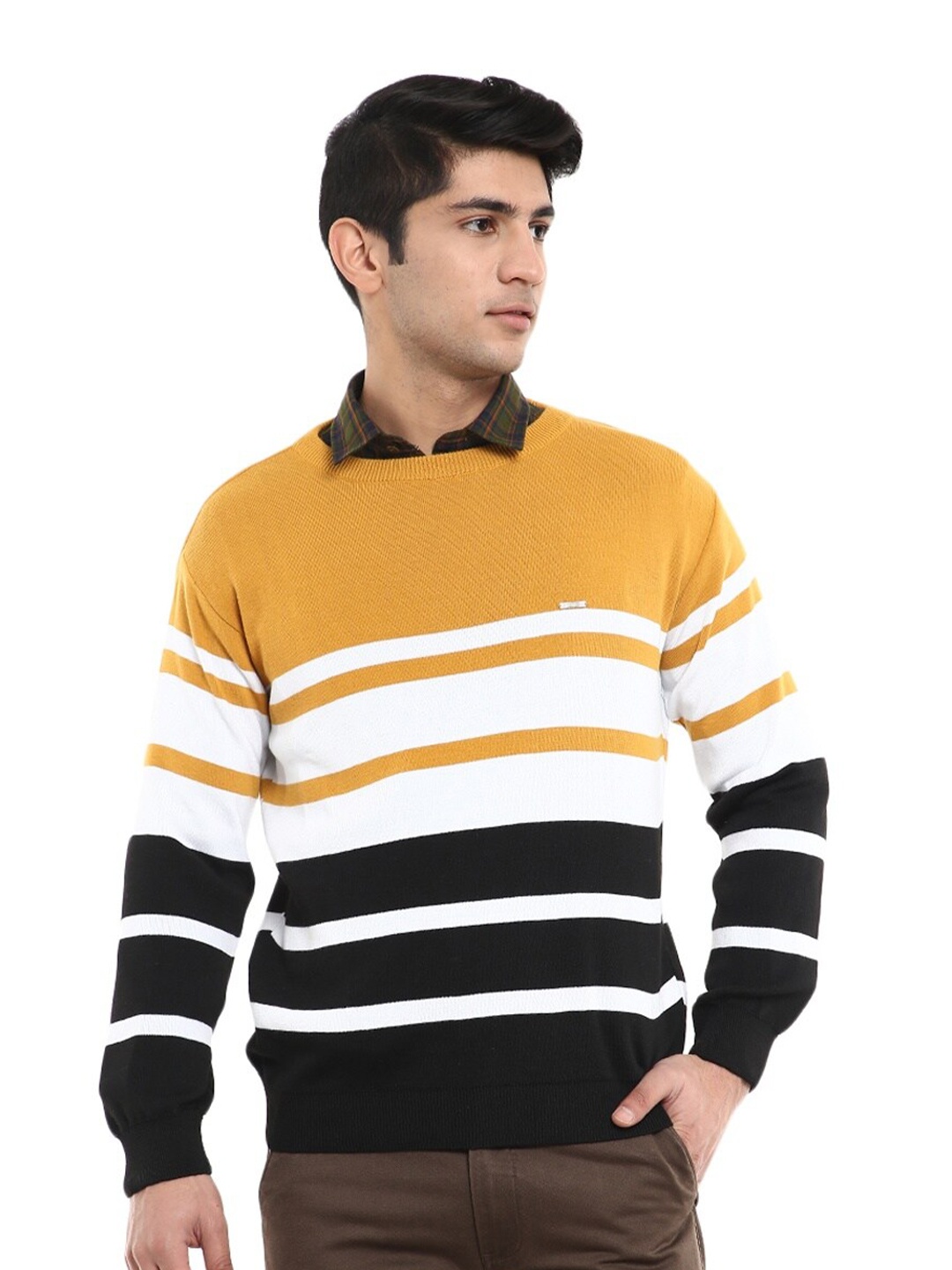 

V-Mart Men Mustard Yellow Striped Cotton Sweater