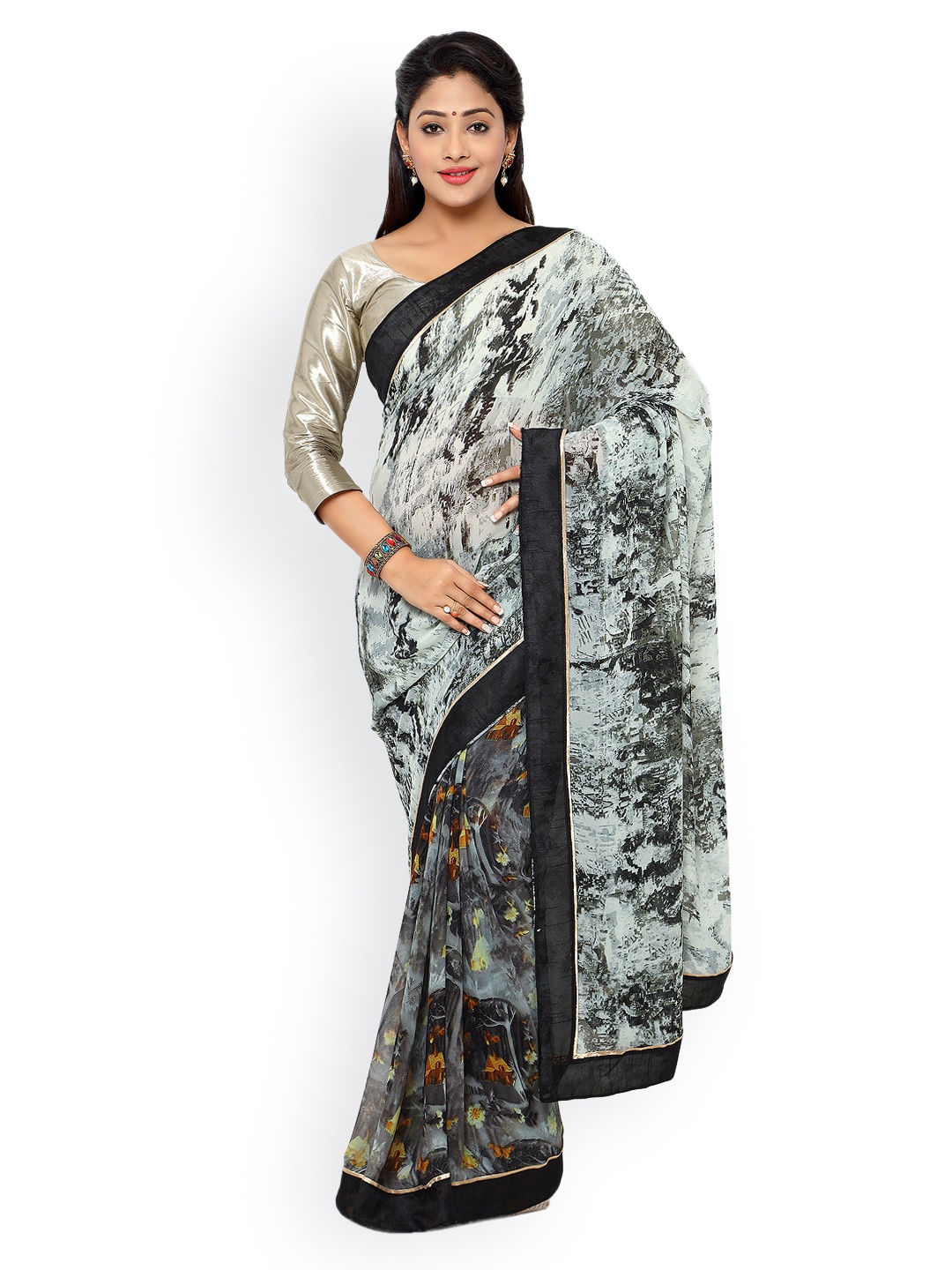 

Kalista White & Grey Georgette Printed Saree