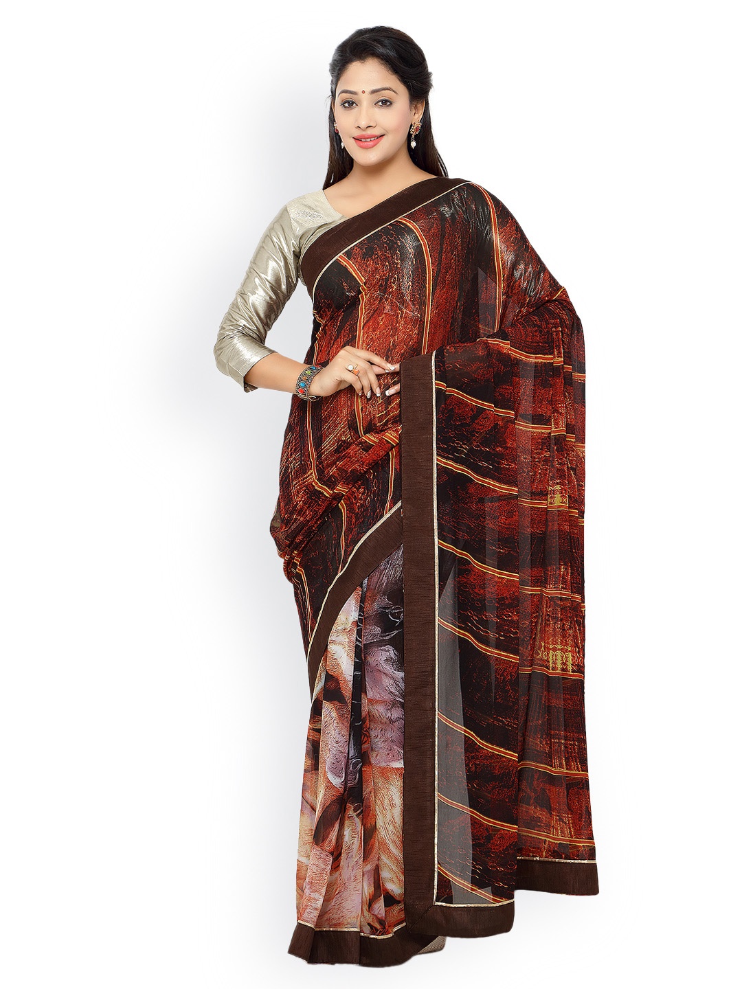 

Kalista Brown Georgette Printed Saree