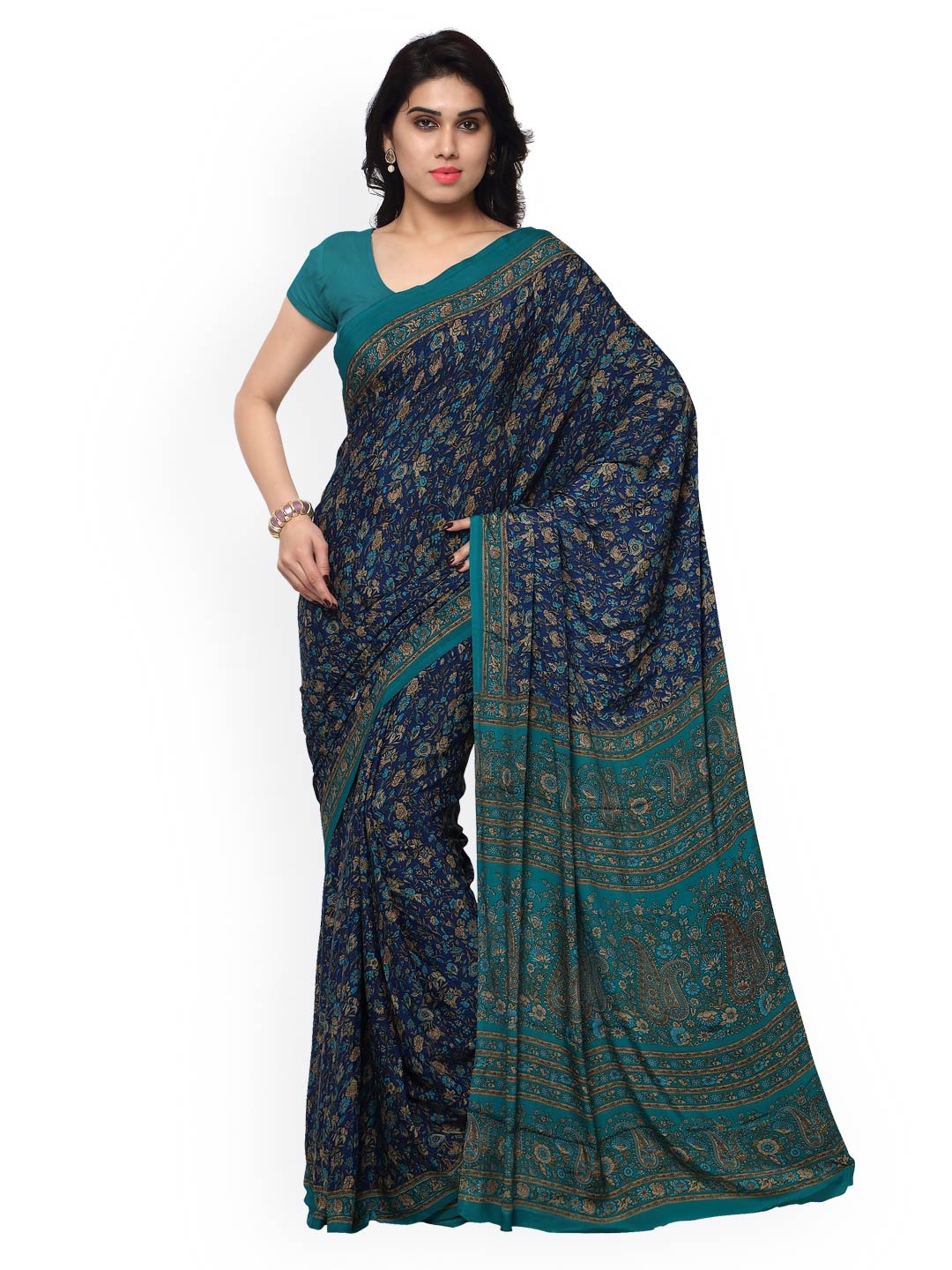 

Kalista Navy Silk & Crepe Floral & Paisley Print Saree, Navy blue